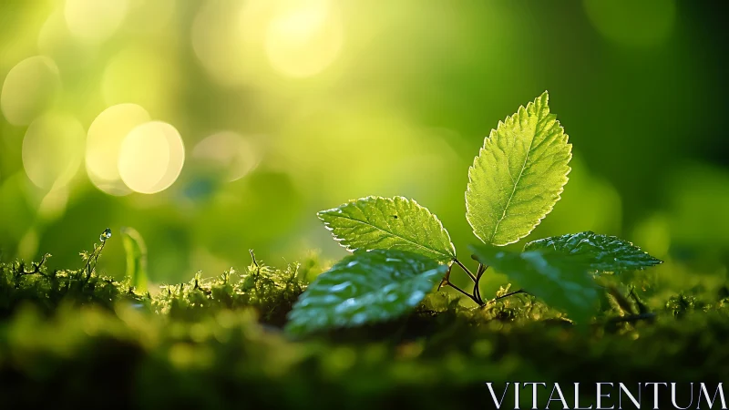Young green plant in sunlight, close-up macro nature photography.