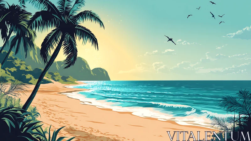 Tropical Beachscape with Palm Trees and Mountain Coastline.