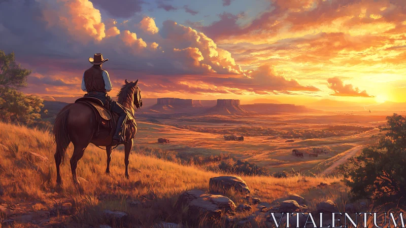 Solitary cowboy surveys sunlit mesas in cinematic sunset light