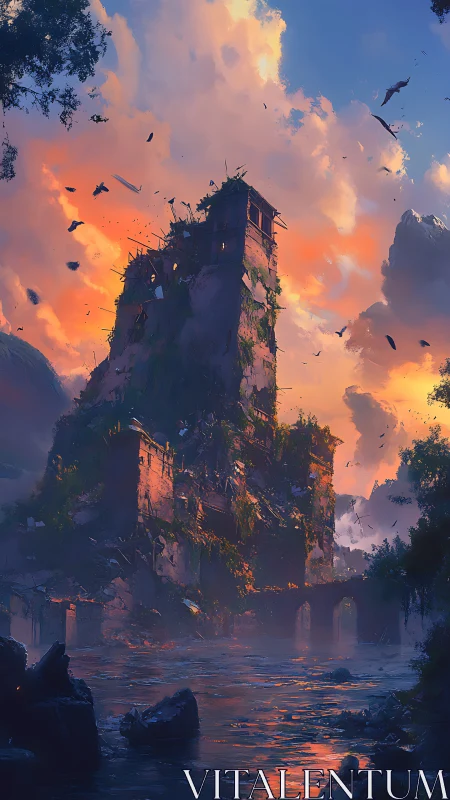 Ruined riverside tower under vivid sunset sky.