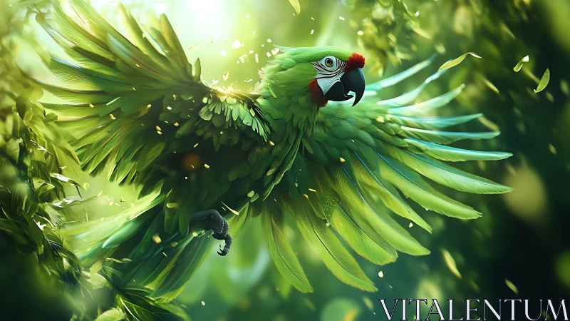 Vibrant Green Parrot in Flight Amid Lush Jungle, Digital Art.
