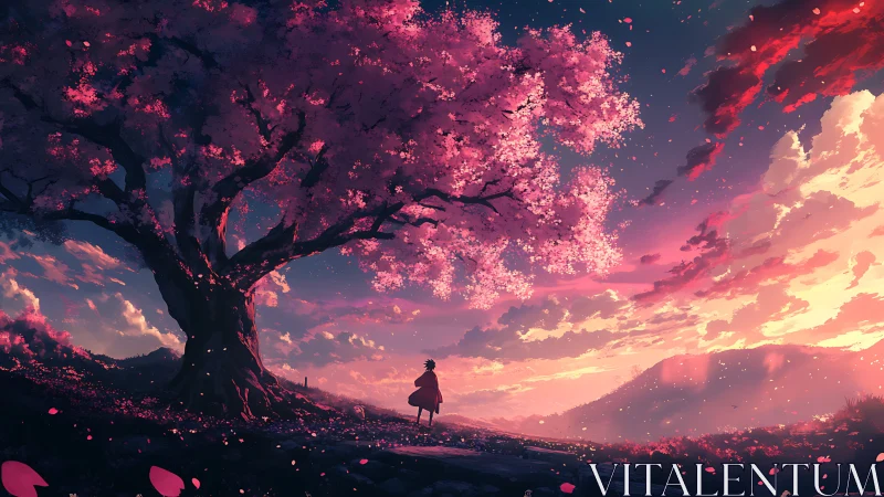 Solitary figure under luminous cherry tree at painterly dusk.