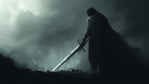 Lone cloaked swordsman in stormy monochrome battlefield mist.