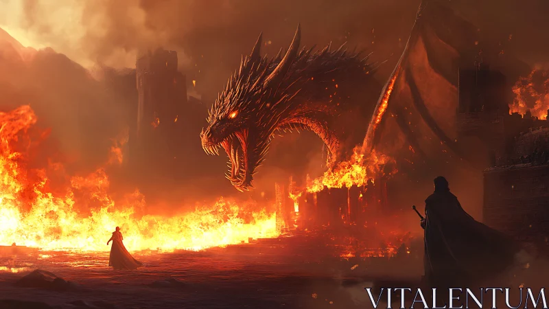 Enormous fire dragon confronts lone warriors amid burning citadel