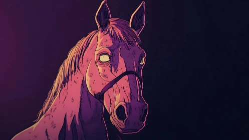 Neon-eyed night horse humming in violet studio shadows.