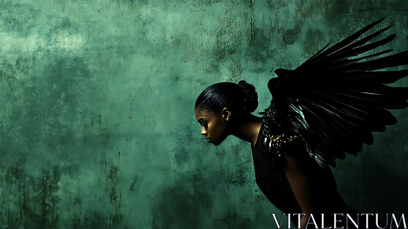 Winged silhouette poised against deep green mystery wall.