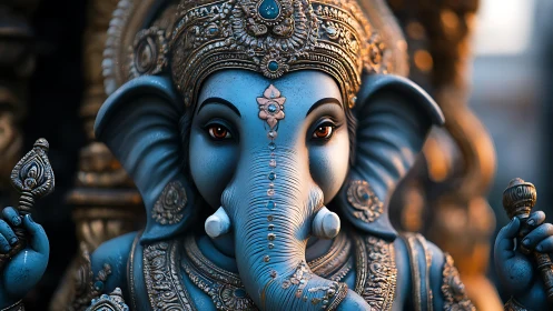 Serene blue Ganesha statue glowing with golden details.