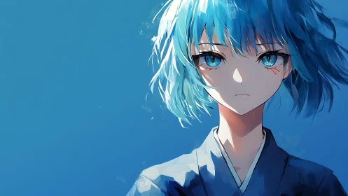 Blue haired anime girl portrait on solid blue background.
