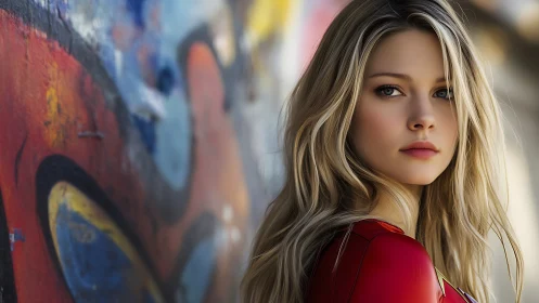 Young woman in red top beside urban graffiti wall.