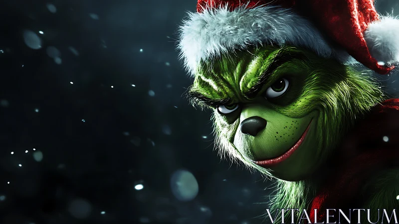 Green furry Christmas trickster in red Santa hat close-up