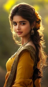 Backlit portrait of woman in mustard sari with cinematic bokeh