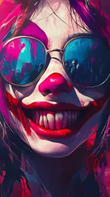 Digital painting portrait with neon clown aesthetics and glare.
