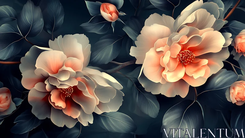Digital Peony Flowers with Coral Tones and Dark Botanical Background