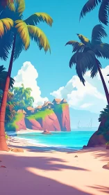 Tropical Coastal Settlement with Palm Trees and Sailboats