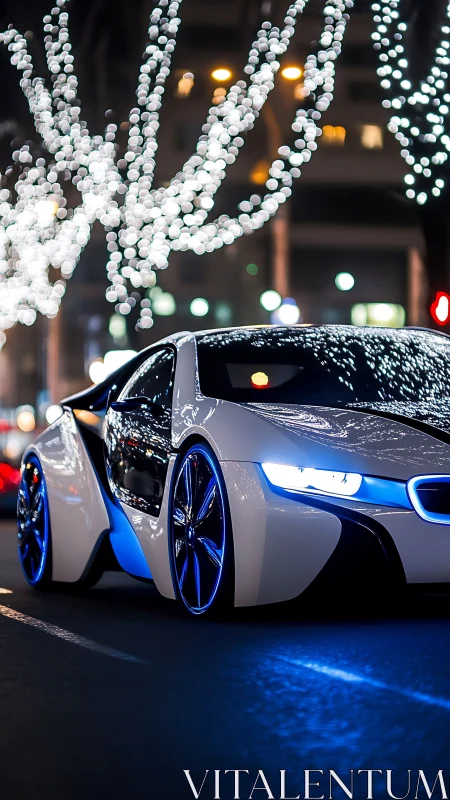 Neon street cruiser glides beneath bokeh-lit winter trees.