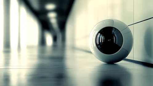 Futurist 3D surveillance orb in high-key corridor setting.
