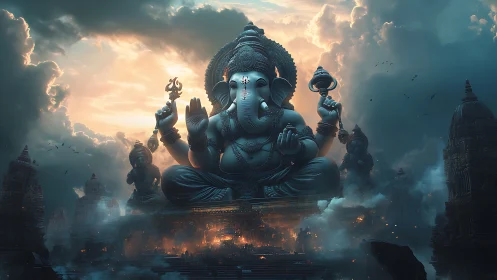 Gigantic Ganesha statue above misty temples at sunrise.