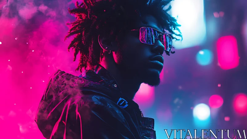 Neon backlit portrait isolates cyber-noir silhouette in bokeh haze