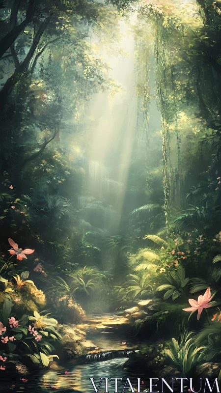 Enchanted Forest Stream: Where Sunlight Weaves Through Verdant Whispers.
