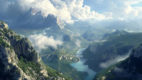 Cloud-draped valley realm with sapphire river and secret town.