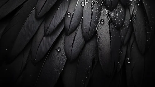 Hydrophobic black plumage macro with water droplet topology.