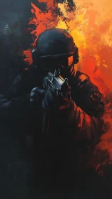 Tactical operator advances through high-contrast inferno lighting