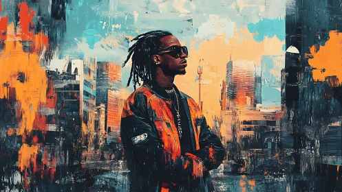 Urban portrait of man in jacket amid abstract cityscape.