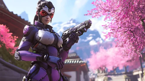 Armored character stands with pistol amid cherry blossoms