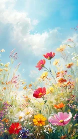 Vibrant Wildflower Meadow Reaches Toward Sunny Blue Skies