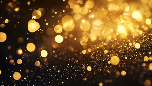 Golden bokeh lights on dark background, festive abstract style.