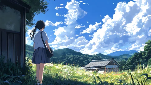 Schoolgirl observing rural house under expansive summer sky.
