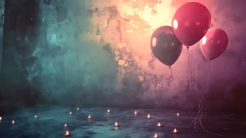 Luminous Reverie: Balloons Drift Through Dreamscape Ruins.