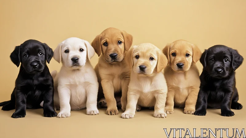 Row of multicolored labrador puppies sit against warm backdrop