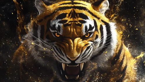 Digital painting of roaring tiger with dynamic particle effects.
