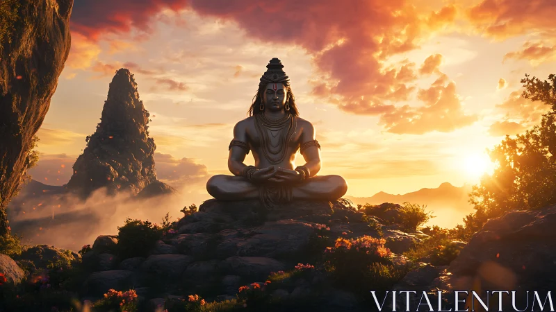3D meditative deity sculpture in dramatic sunset landscape.