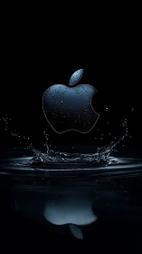 Glossy metallic apple logo hovers above dark rippling water