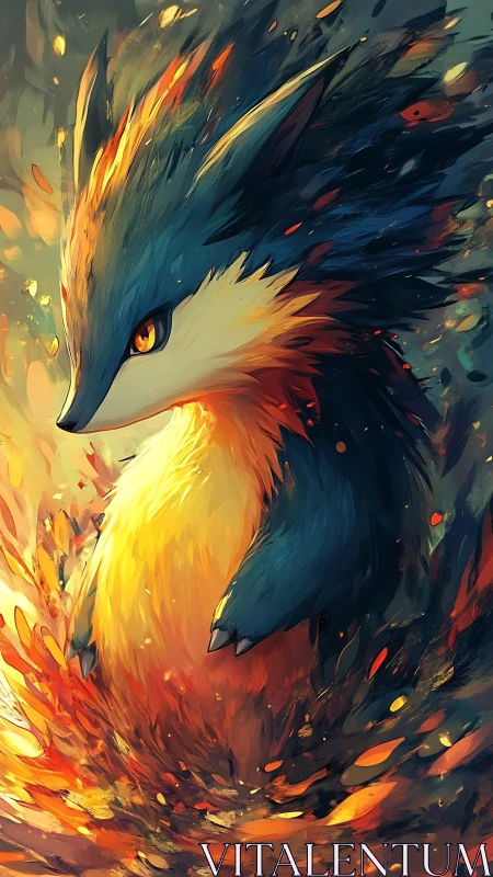 Fiery blue creature standing in swirling embers and sparks.