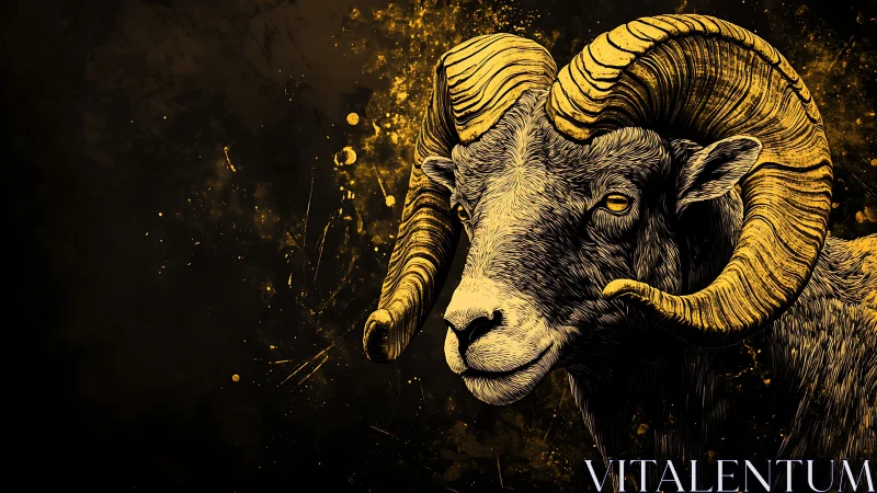 Golden ram portrait with textured ink linework on black field.