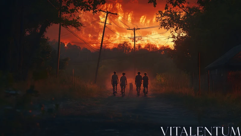 Adolescent cyclists under incendiary telegraph sky at dusk.