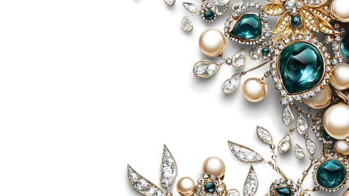 High-detail macro of gold, pearl and teal gemstone jewelry cluster