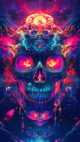 Neon spectral skull rendered in symmetrical fractal flame patterns