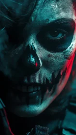 Cinematic cyberpunk portrait with skeletal neon facepaint lighting.