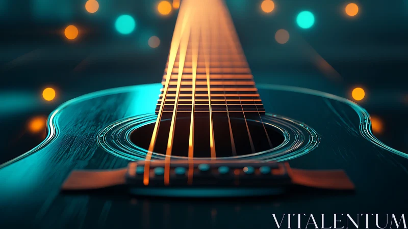 Close view of acoustic guitar strings in vivid concert light.