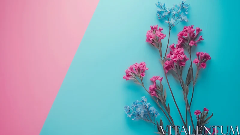 Dual-tone floral composition with magenta dianthus and cyan baby's breath on bisected background
