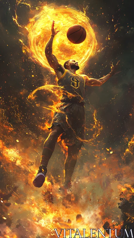 Solar-charged basketball ascent through turbulent plasma field.