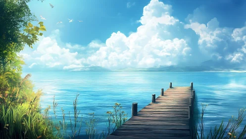 Sunlit lakeside pier drifting toward painted summer clouds.