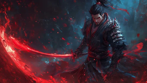 Armored swordsman channels glowing red energy arc in storm