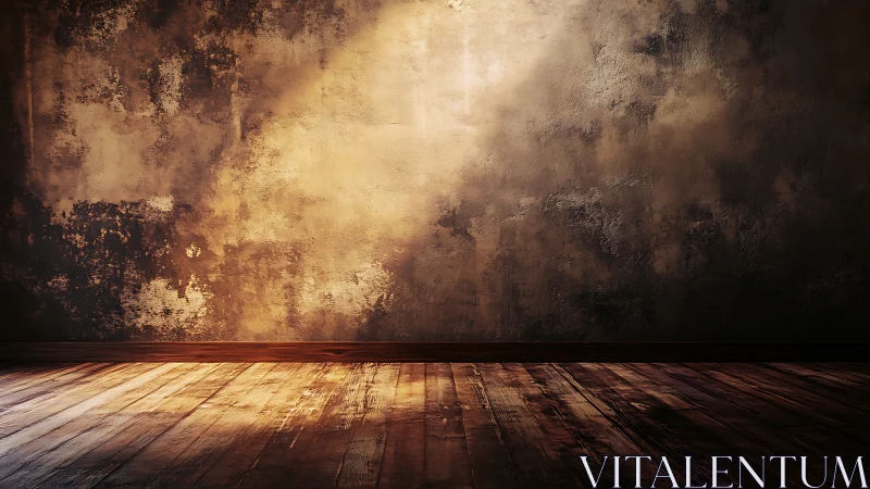 Aged plaster wall and wooden floor form a dramatic light study