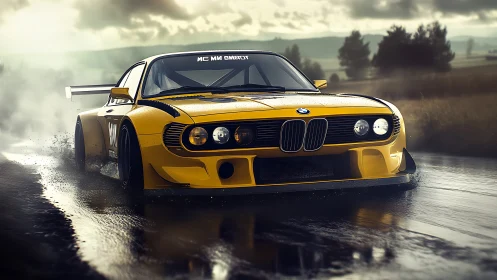 Yellow BMW race car drifting hard on wet country road.