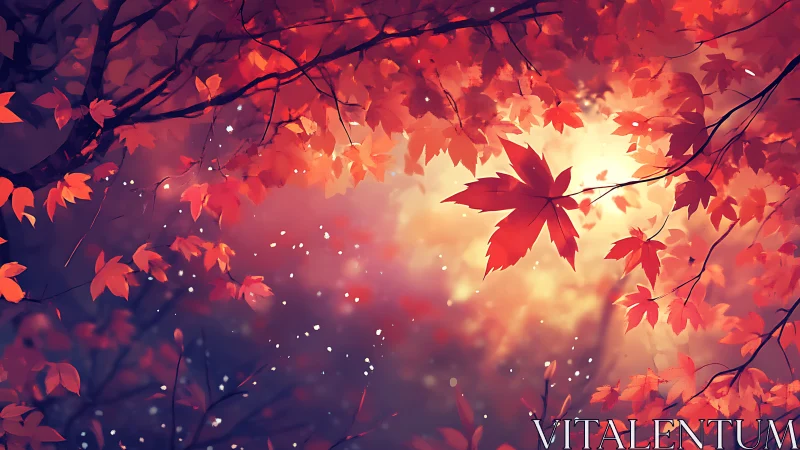 Radiant backlit maple canopy with particulate autumnal bokeh.